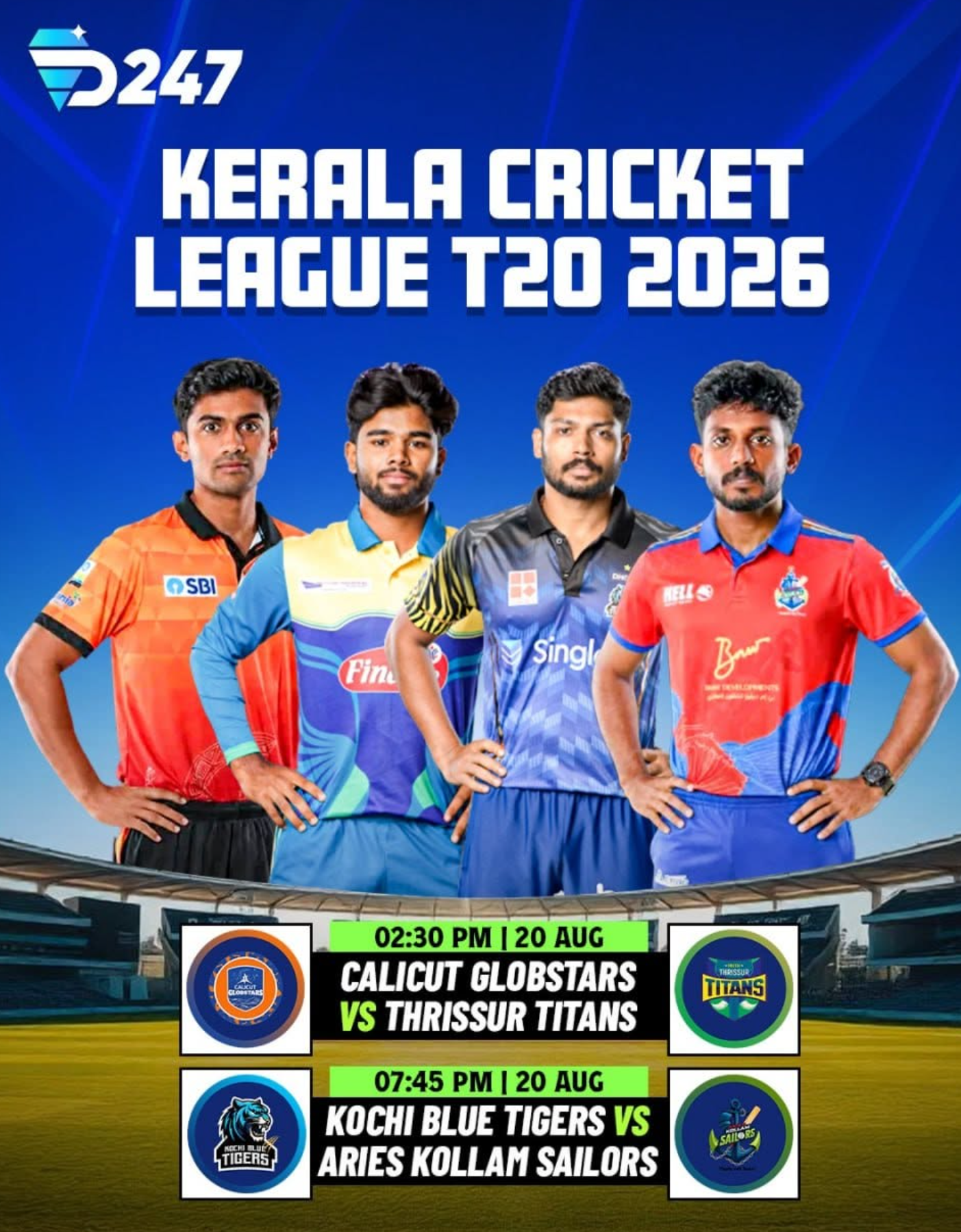Kerala Cricket League T20 2026 live on D247